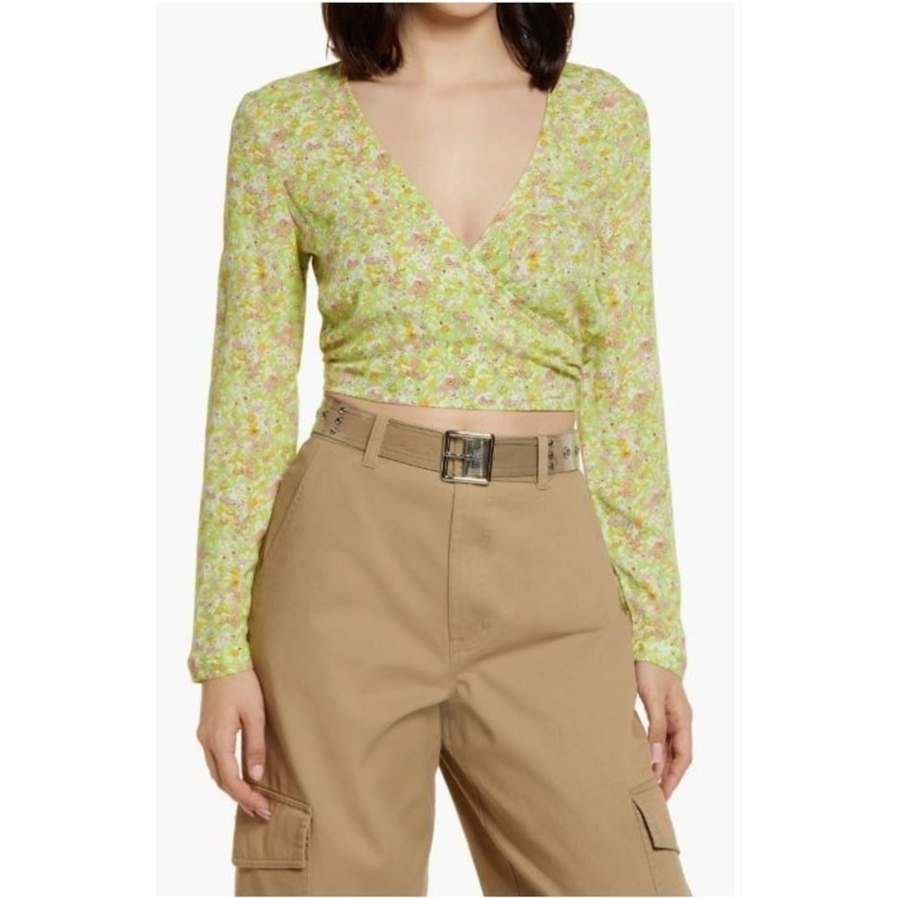 BP. Women's V-Neck Faux Wrap Long Sleeve Crop Top in Green Hannah Kate Small